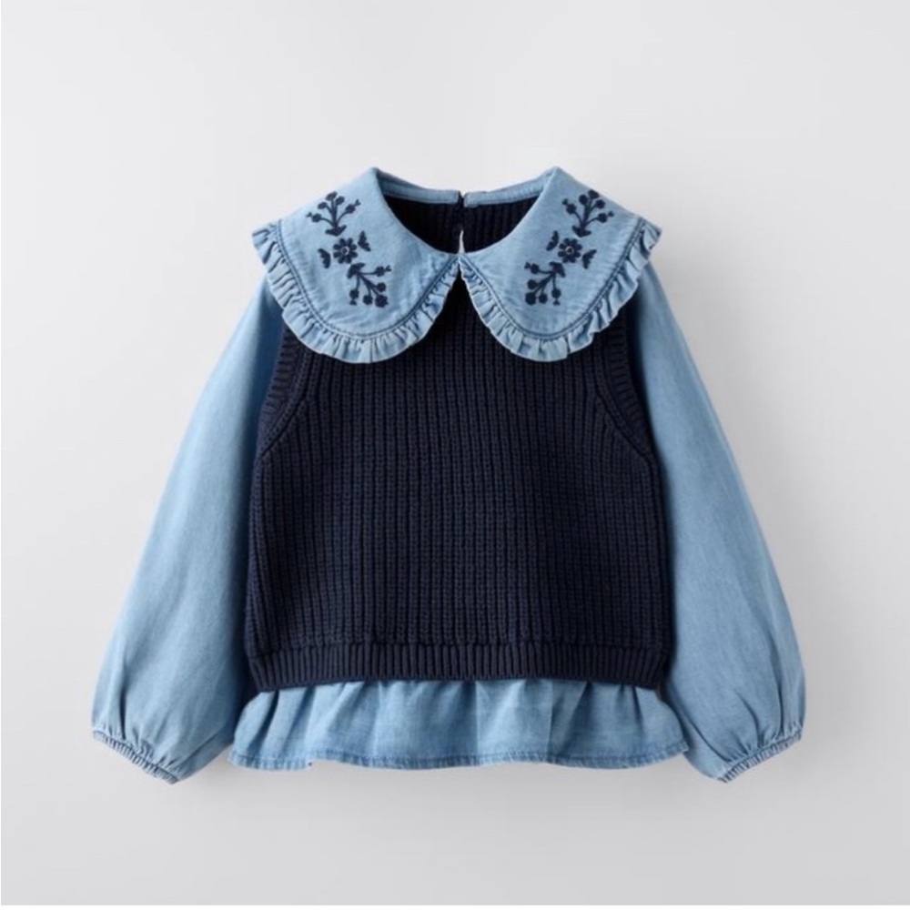 Zara Kids Denim and Knit Top with Floral Collar